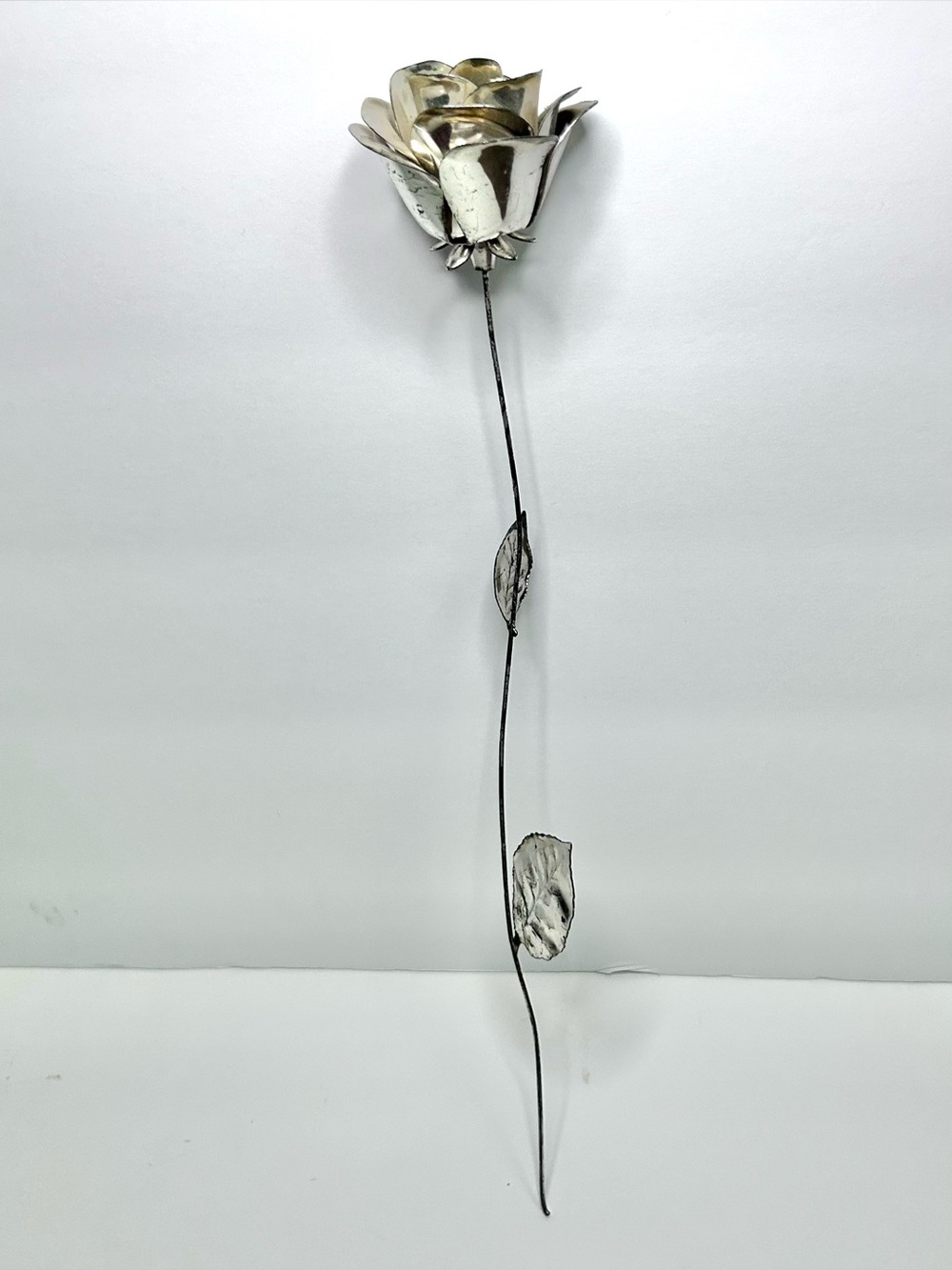 Metal Aluminum Rose Sculpture Silver Color Longstem with leaves